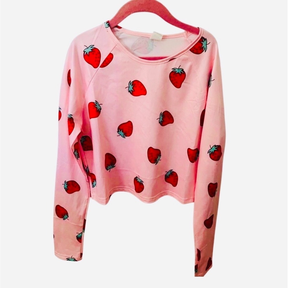 Shein Pink Strawberry Print Girls 11-12‎ Long Sleeve Crop Top Shirt